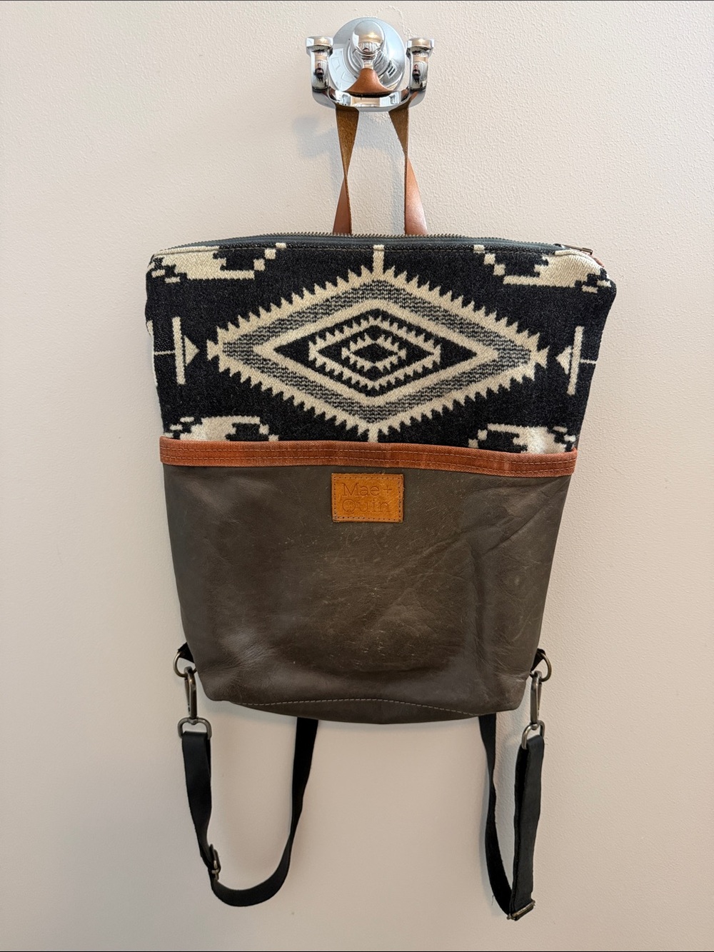 Canvas Aztec Black & Cream Backpack with Brown Leather Trim